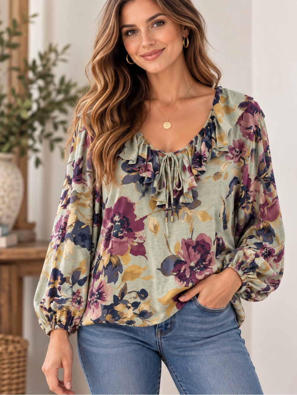 Lauren Ralph Lauren Floral Ruffle Tie Neck Long Sleeve Blouse Women’s Large